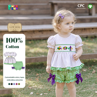 Puresun Faible MOQ Barboteuses à bulles pour bébés filles Mardi Gras OEM 100% Coton Broderie Fleur de Lys Smocked 0-24 Mois Vente en gros