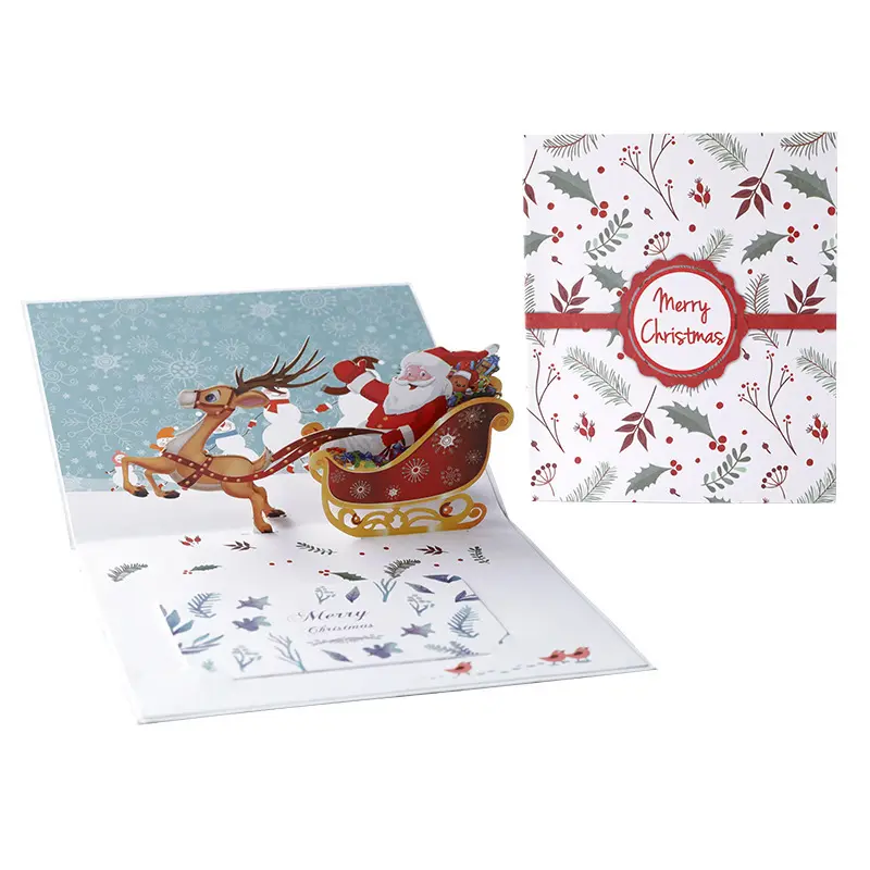 Выдвижная открытка с Санта-Клаусом, оптовая продажа, индивидуальная печать, переработанная бумага, Роскошные 3D открытки ручной работы для праздника, поздравительные открытки на Рождество