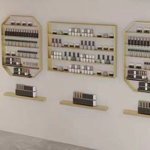 Wall Display <b>Cabinet</b> Design Custom Wood <b>Led</b> Light Shelf Gold Clothing Display Rack for Garment Shop - Product Image 2