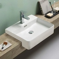 Lavabo en céramique semi-encastré minimaliste moderne avec rebord fin, installation monotrou pour comptoir de salle de bain