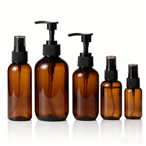Amber PET <b>Plastic</b> Bottles 2OZ 4OZ 8OZ With Lotion Pump And Spray <b>Cap</b> For Cosmetic Use - Product Image 1