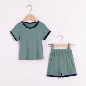Cozy Custom Solid Girls Sleepwears Summer 2 Pieces Color Clash Short Sleeve Set Children's Pajamas Modal Kids Pajamas