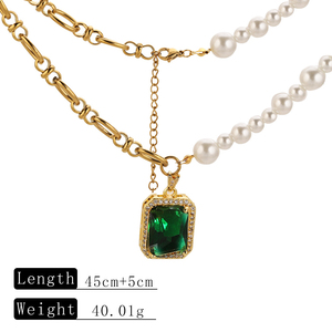HB0441 Neue Exquisite Natürliche Jade-Edelstein-Charm-Halskette Quadratischer Diamant-Anhänger Einzigartige Edelstahl-Perlenkette für Damen - Product Image 5