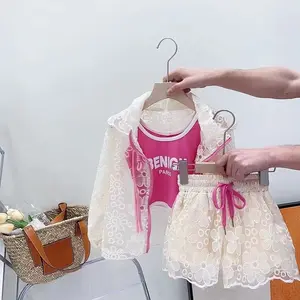 2024 New Style Summer Toddler Girls Clothing Set Lace Flower Hooded Sun-proof Coat+ Letter Vest + Shorts 3 Pcs Set For Girls