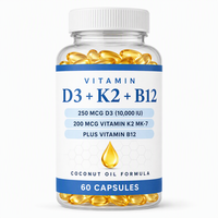 Gélules de Vitamine D3 K2 B12 250 mcg D3 / 200 mcg K2 MK-7 / 60 Capsules Végétaliennes et Sans Gluten pour Adultes