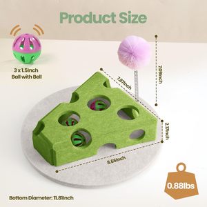 Jouet interactif pour chat en laine écologique, distributeur de friandises durable en feutre en forme de fromage, avec boule sonore et baguette de stimulation - Product Image 4