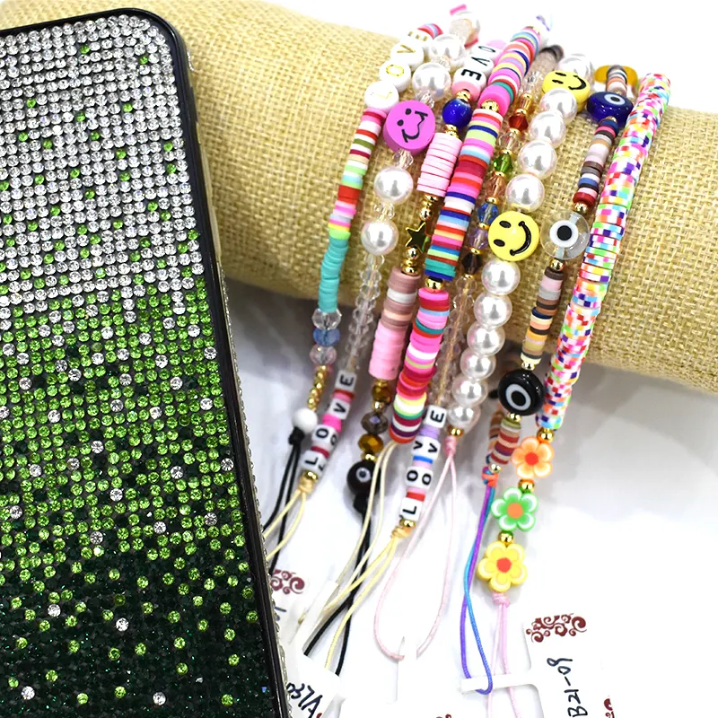 New design handmade crystal beaded mobile phone case charm chain , Customized pearl beads mobile phone chain straps