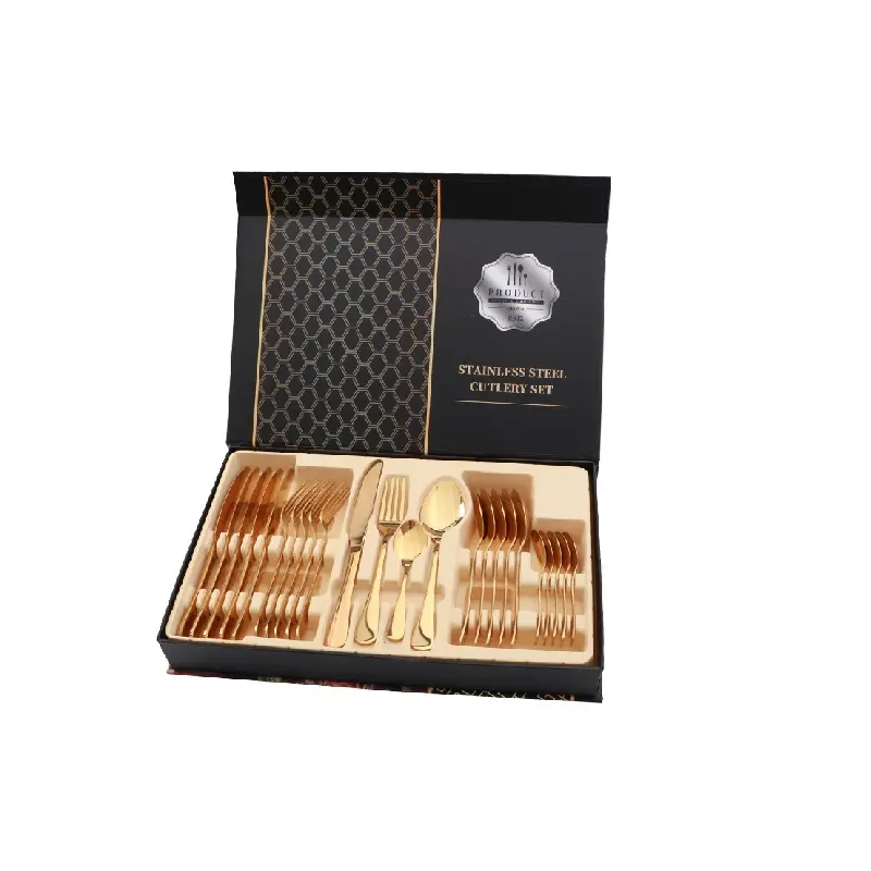 Top Selling juego de cubiertos Luxury Golden Spoon Cutlery Set 24pcs Stainless Steel Flatware With Box