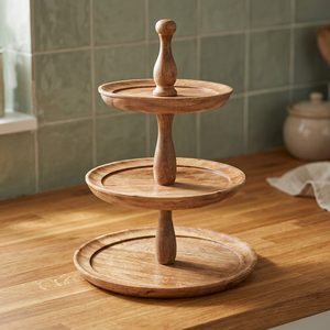 Support de service en bois à trois niveaux de qualité supérieure pour cupcakes, desserts, collations, design artisanal durable, parfait pour les fêtes - Product Image 1