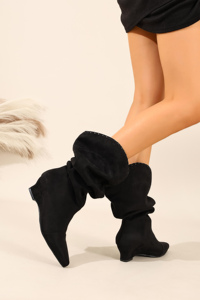 <span class=keywords><strong>Stivali</strong></span> da donna western con tacco a zeppa a punta, bordo con cuciture a festone, gambale arricciato, in morbida finta pelle scamosciata e rete, a metà polpaccio, per l'inverno e l'uso quotidiano - Product Image 3