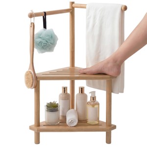 Bamboo Three Tier Storage Rack Natural Wood Color <b>Freestanding</b> Bathroom Organizer With Towel <b>Bar</b> And Footrest - Product Image 5