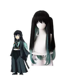 Anime Demon Slayer Tokitou Muichirou largo recto verde mezclado negro Cosplay pelucas