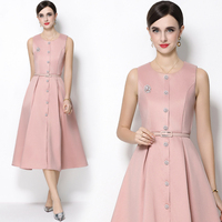 Elegante Vestido de Mujer para Primavera y Otoño, Sin Mangas, con Decoración de Botones de Diamantes, Vestido Rosa de Lino