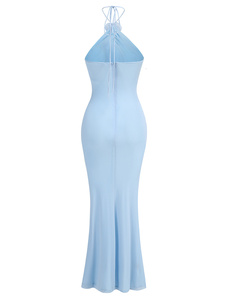 Evening Party Club <strong>Dresses</strong> <strong>Sexy</strong> Halter Neck 3D Flower Pencil Long <strong>Dress</strong> Women Light <strong>Blue</strong> Spaghetti Strap Cashmere Vacation Style - Product Image 2