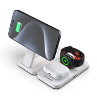 Chargeur sans fil magnétique 4-en-1 double pliable 15W pour téléphone, montre et écouteurs avec lumière d'ambiance LED, support portable pour voyage et bureau