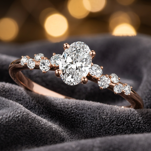 Bague de fiançailles ovale en diamant de laboratoire avec diamants ronds latéraux gradués, plaqué rhodium, or 10K 14K 18K, argent 925 935 - Product Image 1
