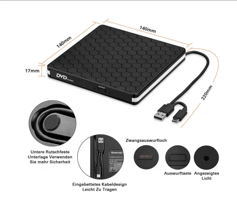 External CD Drive USB 3.0 Portable CD/DVD +/-RW Drive Slim DVD/CD ROM RewriterバーナーとCompatible Laptop Desktop PC TYPE-C