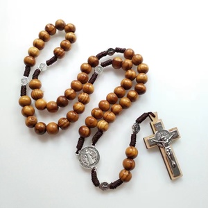 성 베네딕토 메달 종교 묵주 10mm 나무 구슬 십자가 목걸이 가톨릭 묵주 - Product Image 6