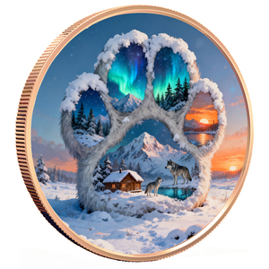 Medaglia Nordic Bear Paws da 5 once in rame puro 999 colorato, con alto rilievo, fatta a mano - Product Image 1