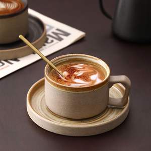 Ensemble tasse et soucoupe à café en céramique <span class=keywords><strong>rustique</strong></span> rétro fait main, style vintage, pour la maison, les bars, les restaurants ou les cafés - Product Image 1