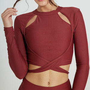 Conjunto de Yoga de manga larga de cintura alta personalizado para mujer, ropa deportiva transpirable con diseño recortado, conjunto de entrenamiento elástico directo de fábrica - Product Image 5