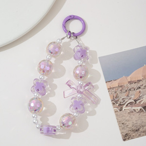 Porte-clés Kawaii en perles acryliques AB, dragonne anti-perte pour téléphone, avec nœud mignon et fleur, cordon de poignet coloré pour filles - Product Image 6