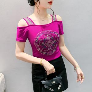 Nueva Camiseta Corta de Moda <span class=keywords><strong>con</strong></span> Hombros Descubiertos y <span class=keywords><strong>Espalda</strong></span> Estilizada, de Doble Capa de Malla de Seda Helada <span class=keywords><strong>con</strong></span> Incrustaciones de Diamantes, Estilo Nacional - Product Image 3