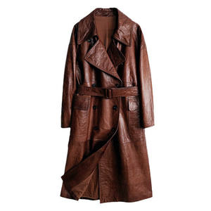 Veste en cuir véritable de haute qualité longue longueur <span class=keywords><strong>Trench</strong></span> en cuir de vache à la cire d'huile - Product Image 1