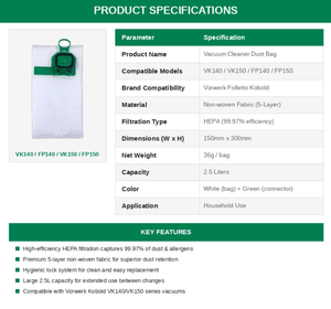 Sacchetti per <span class=keywords><strong>aspirapolvere</strong></span> elettrici riutilizzabili personalizzati OEM/ODM Vorwerk <span class=keywords><strong>Folletto</strong></span> Kobold VK140/FP140 - Product Image 3