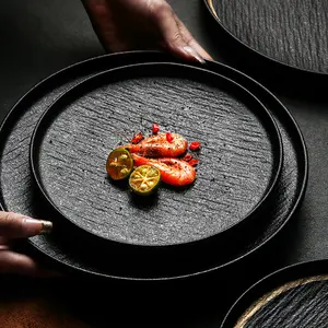 Matte Black Stoneware Ceramic Dinner Plate for Sushi Restaurant Porcelain Round Steak Plates Grain Dessert Salad Spaghetti Dish