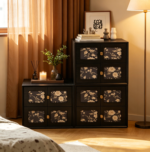 Mueble de Almacenamiento Moderno de Madera Negra con Paneles Florales y Perillas Doradas para Sala de Estar - Product Image 4