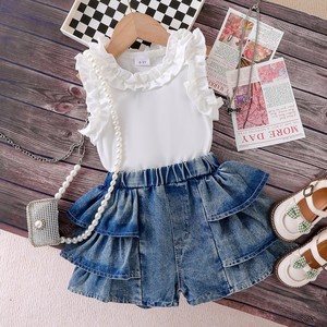 Conjunto de Dos Piezas para Niñas, Chaleco Blanco sin Mangas y Pantalones Cortos de Mezclilla, Moda de Verano RTS - Product Image 2