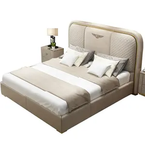 Famous hot Sell Modern luxury design White real Leather Double embroider Bed Hydraulic Lift up for Storage Bed