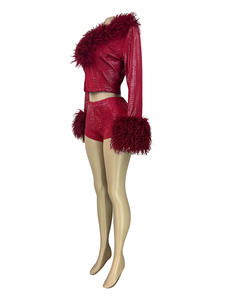 Viviblook Z1230ST05 Ensemble deux pièces pour femme, style décontracté et élégant, avec cardigan court en patchwork de fourrure et élastique, et short, grande taille, respirant - Product Image 3