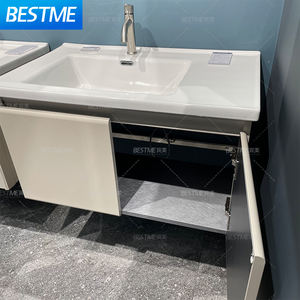 Meuble de toilette crème : armoire en acier inoxydable + armoire à miroir en nid d'abeille en aluminium |   Lavabo en céramique, double porte entièrement en acier inoxydable, armoire à miroir à porte simple - Product Image 2