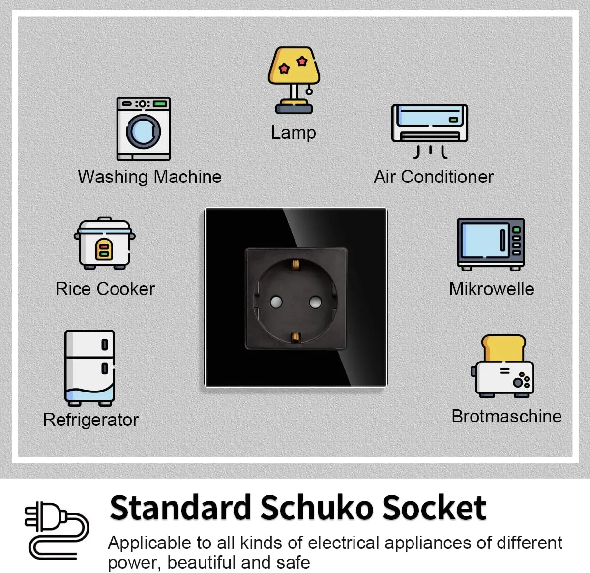 16A Schuko Wall Socket With Waterproof Cover 1 Compartment Crystal Glass Plate Single Socket 86mm Black Extension Sockets