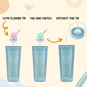 Vaso azul de 26oz con pajita de flores Regalos de plástico para mujeres Diseño floral encantador - Product Image 4