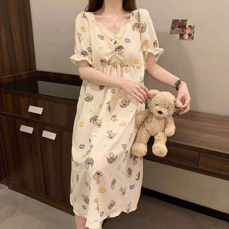 Women's Mid-Length Casual Outwear Summer Pyjamas Chest Pad Short-sleeved  Pajamas Simple Design Knitted Fabric for Spring