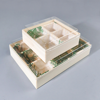 Boîte à sushi jetable en bois à 8/5 compartiments avec couvercle en PET, motifs grain de bois et feuilles de bambou, personnalisable pour le sucre, les nouilles, les jus et plus encore