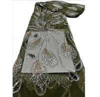 Tissu KC de luxe vert armée en maille dentelle, tulle brillant orné de plumes de paon et de sequins pour tenue de banquet de mariage à Dubaï
