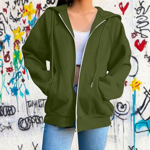 Sudadera con Capucha Extra Grande para Mujer, con Cierre, Color Sólido, Tejido de Algodón, Manga Larga, con Bolsillo, Transpirable, Estilo Casual de Otoño - Product Image 2