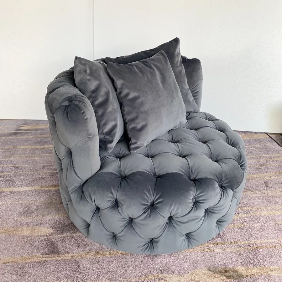 Высококачественный бархатный круглый стул и диван серого цвета на пуговицах