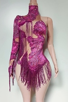 Combinaisons de scène sexy à manches uniques avec strass et franges pour femmes, danseuses de cheerleading, danse aérienne, justaucorps de spectacle, combinaisons de club