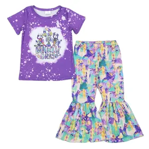 2024 New Arrival Yiwu Kids Garments Factory Clothing Short Sleeve Purple Dinosaur Matching Bell Bottom Pants Set