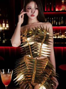 Traje de Danza para Mujer <span class=keywords><strong>Gogo</strong></span>, Conjunto de Top y Shorts de Seda/Distel Dorado para Espectáculo, Ropa de Actuación para Cantante, Ropa de Discoteca - Product Image 5