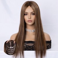 Topper en dentelle à nœuds simples, cheveux vierges européens Remy, couleur personnalisable marron balayage, base en soie, texture naturelle droite, longueur moyenne