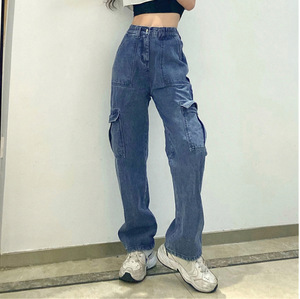 <span class=keywords><strong>Pantalon</strong></span> en denim de rue pour femmes européennes et américaines, taille haute, jambe droite, <span class=keywords><strong>kaki</strong></span>, multi-poches, coupe ample, ample, pour - Product Image 2