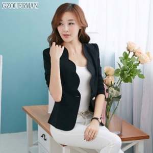 新款时尚女款韩版长袖一扣开衫褶边领纯色夹克热卖短外套套装 - Product Image 6