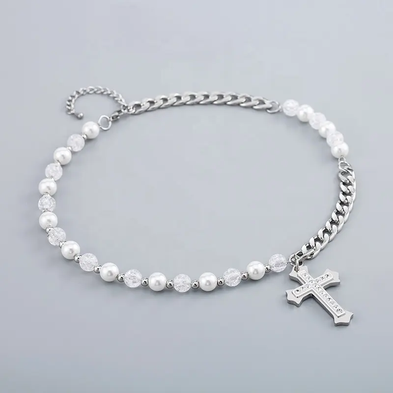 High Quality Punk Fashion Male/Female Gloss Stainless Steel Chain Patchwork Pearl Zircon Cross Necklaces