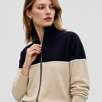 Pull en laine mérinos pour femme, personnalisé, à blocs de couleur, entièrement zippé, tricoté, ODM OEM, vêtements en tricot pour femme